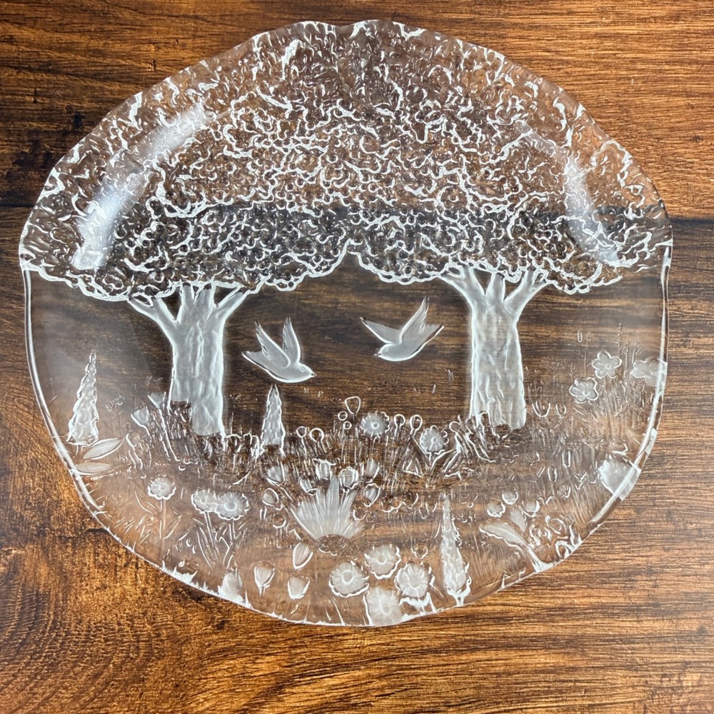Mikasa True Love Crystal Glass Scenic Plate Trees Birds Frosted Relief 8.5"
